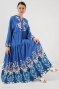 2423 Otantik Desenli Tesettür Elbise - F. İndigo resmi